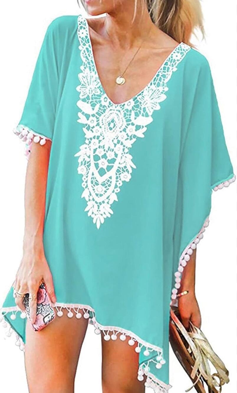 Turquoise Crochet Lace Deep V-Neck Cover Up Tunic Beach Boho Size S/M Pom Pom